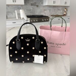 Kate Spade Black Velvet Satchel with Pearl Accents